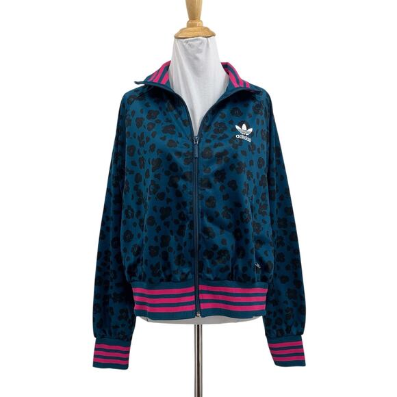 Adidas Track Jacket Women M Medium Leopard Print Full Zip Performance Pocket - Picture 1 of 15